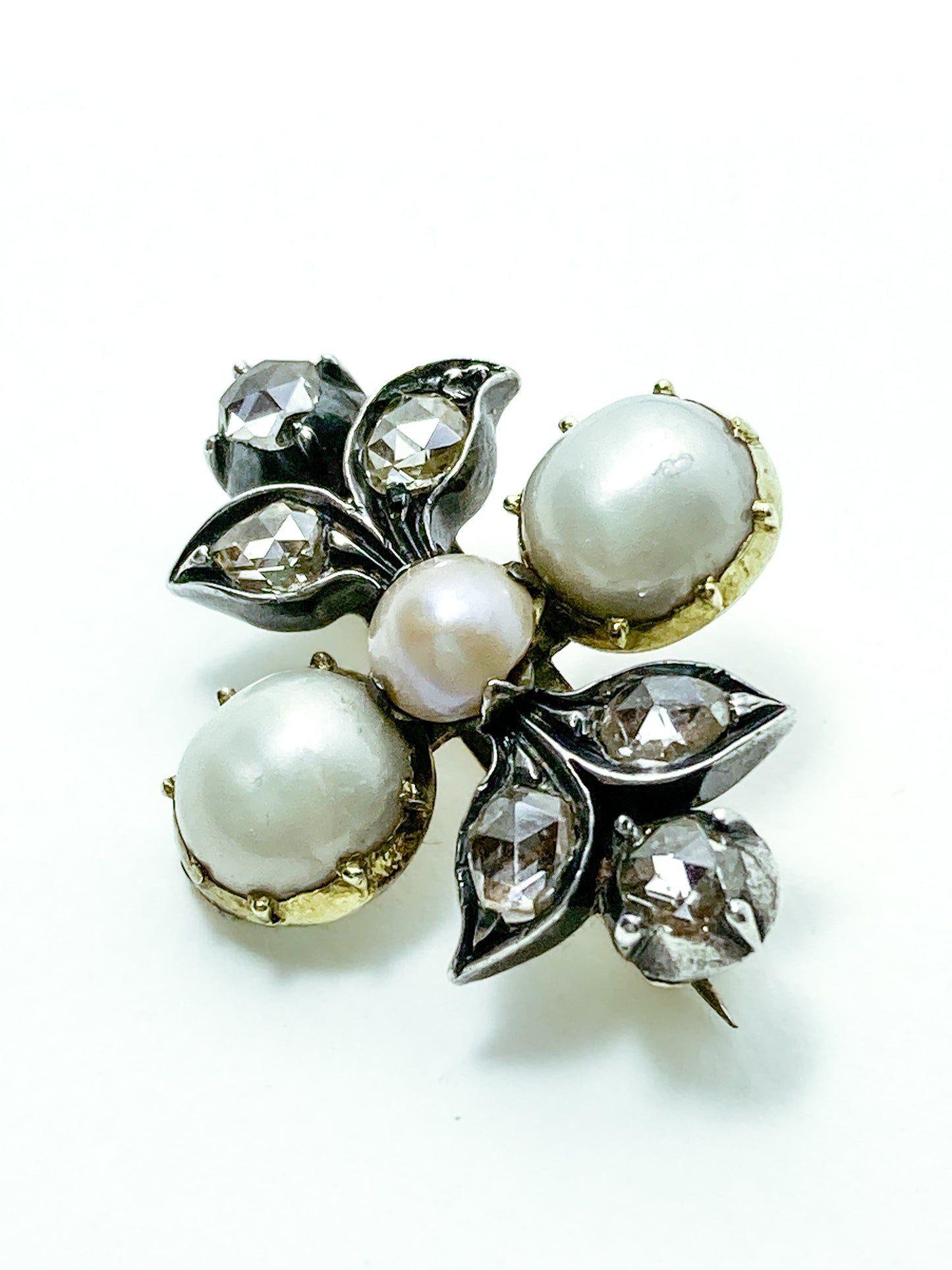 Antique Georgian 1840 Six Diamond Pink Pearl Silver Yellow Gold Brooch