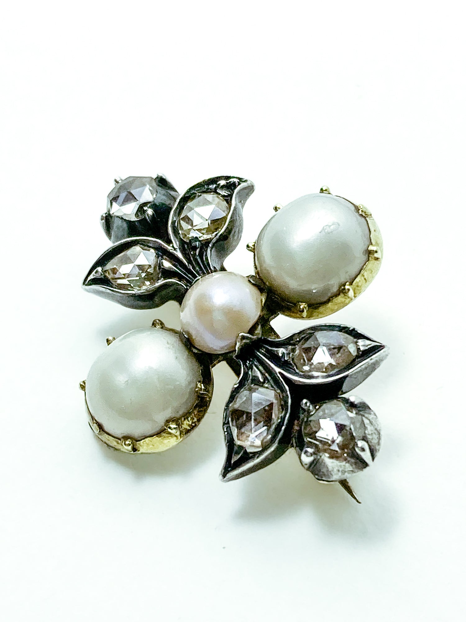 Antique Georgian 1840 Six Diamond Pink Pearl Silver Yellow Gold Brooch
