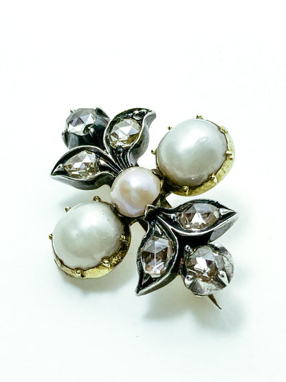 Antique Georgian 1840 Six Diamond Pink Pearl Silver Yellow Gold Brooch