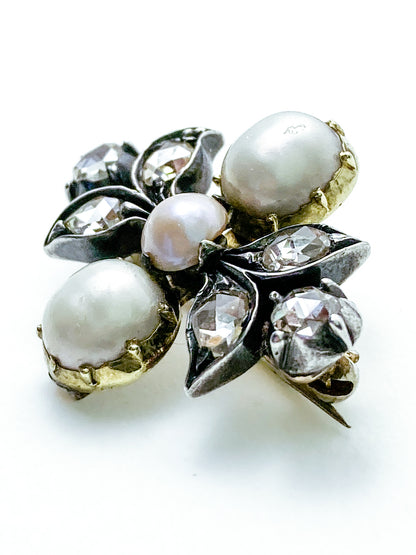 Antique Georgian 1840 Six Diamond Pink Pearl Silver Yellow Gold Brooch
