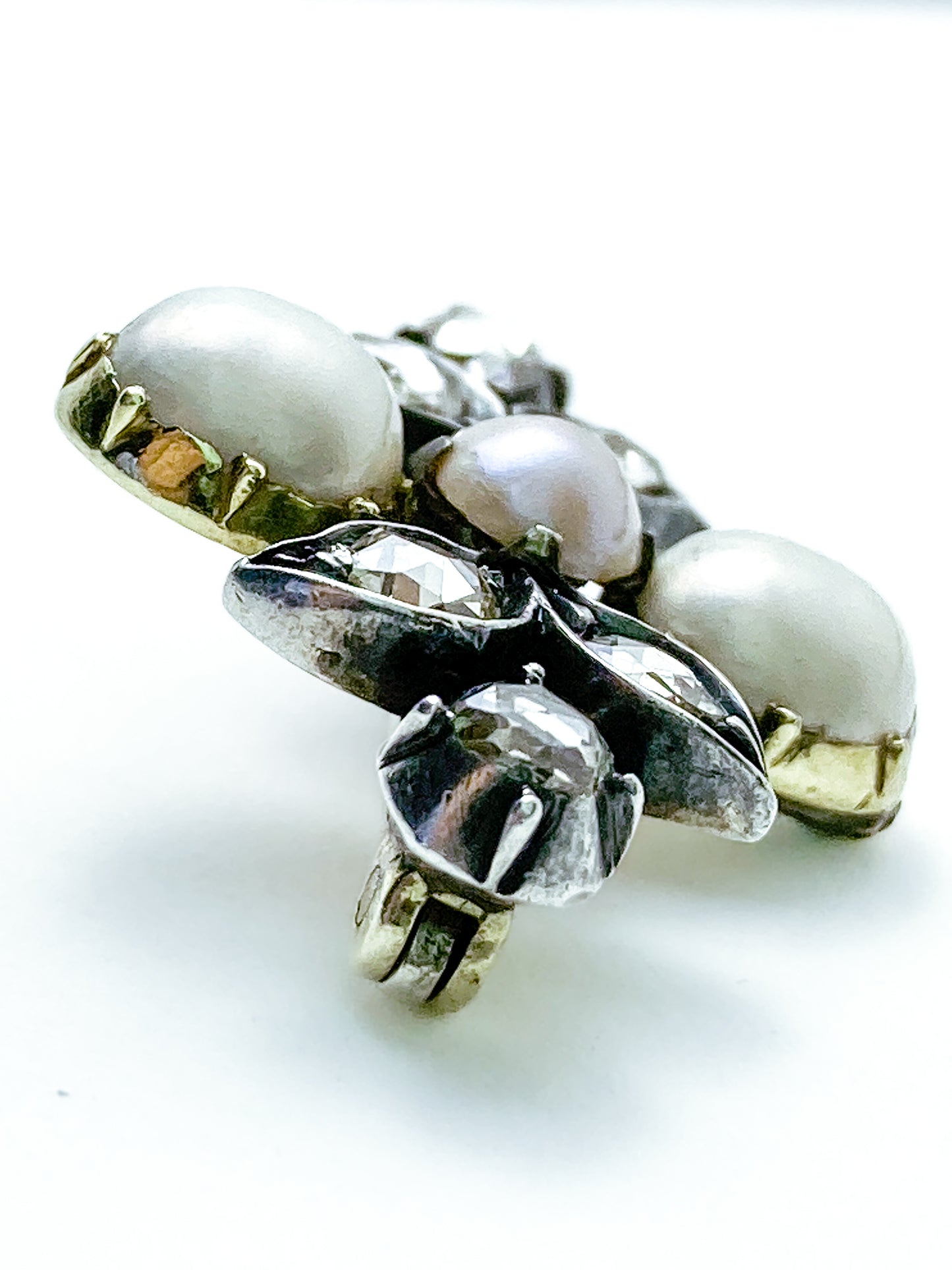 Antique Georgian 1840 Six Diamond Pink Pearl Silver Yellow Gold Brooch