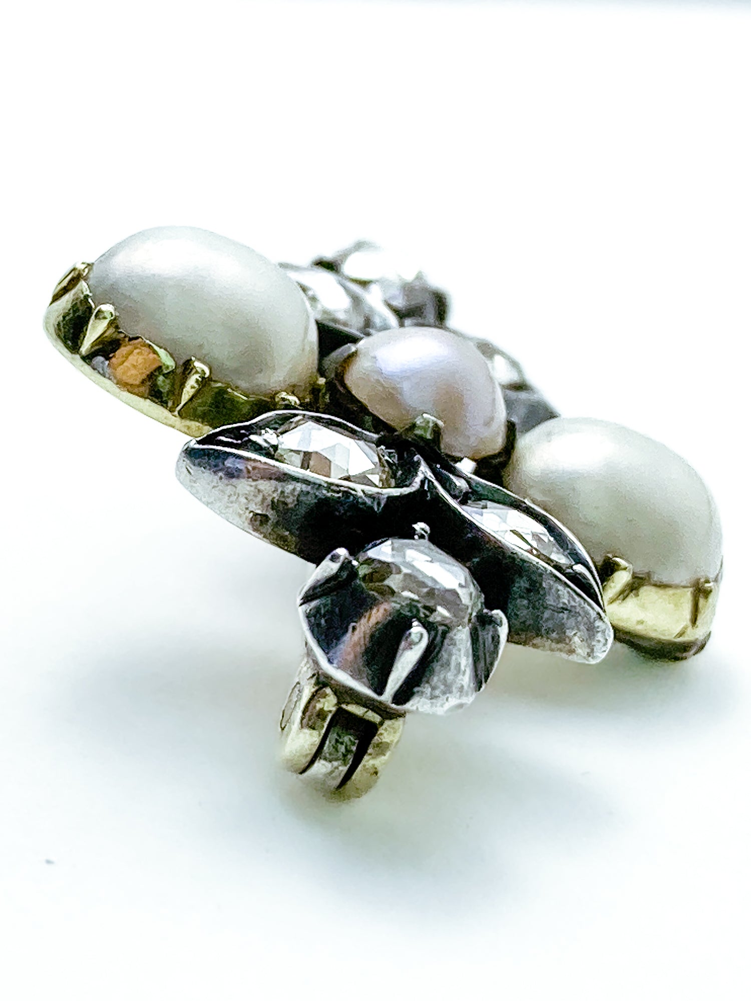Antique Georgian 1840 Six Diamond Pink Pearl Silver Yellow Gold Brooch