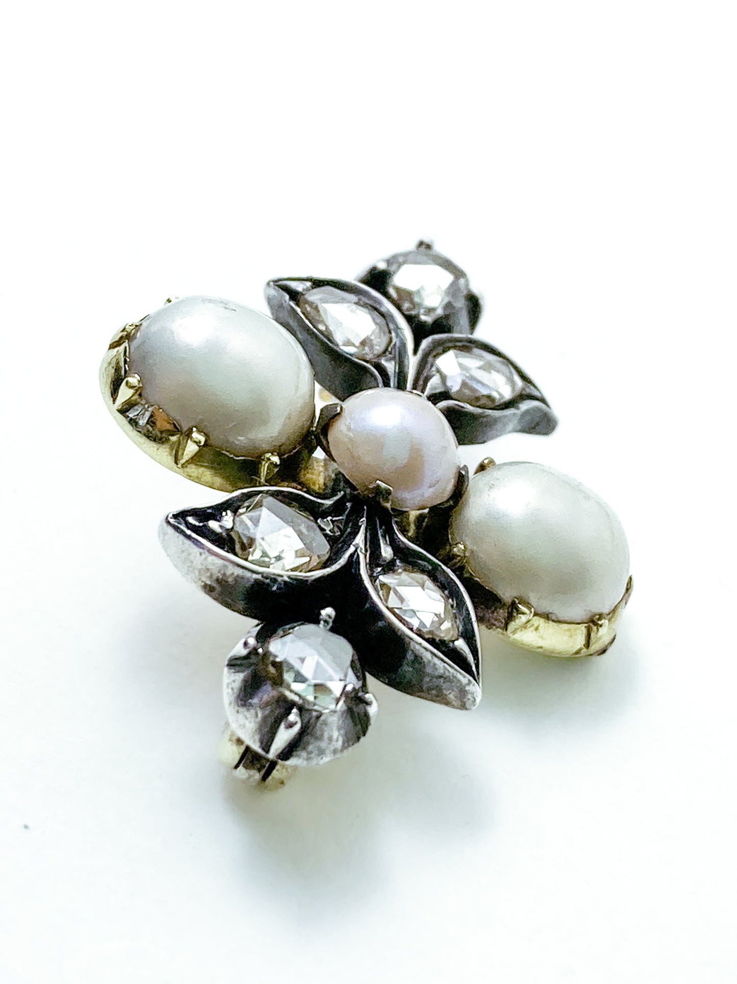 Antique Georgian 1840 Six Diamond Pink Pearl Silver Yellow Gold Brooch