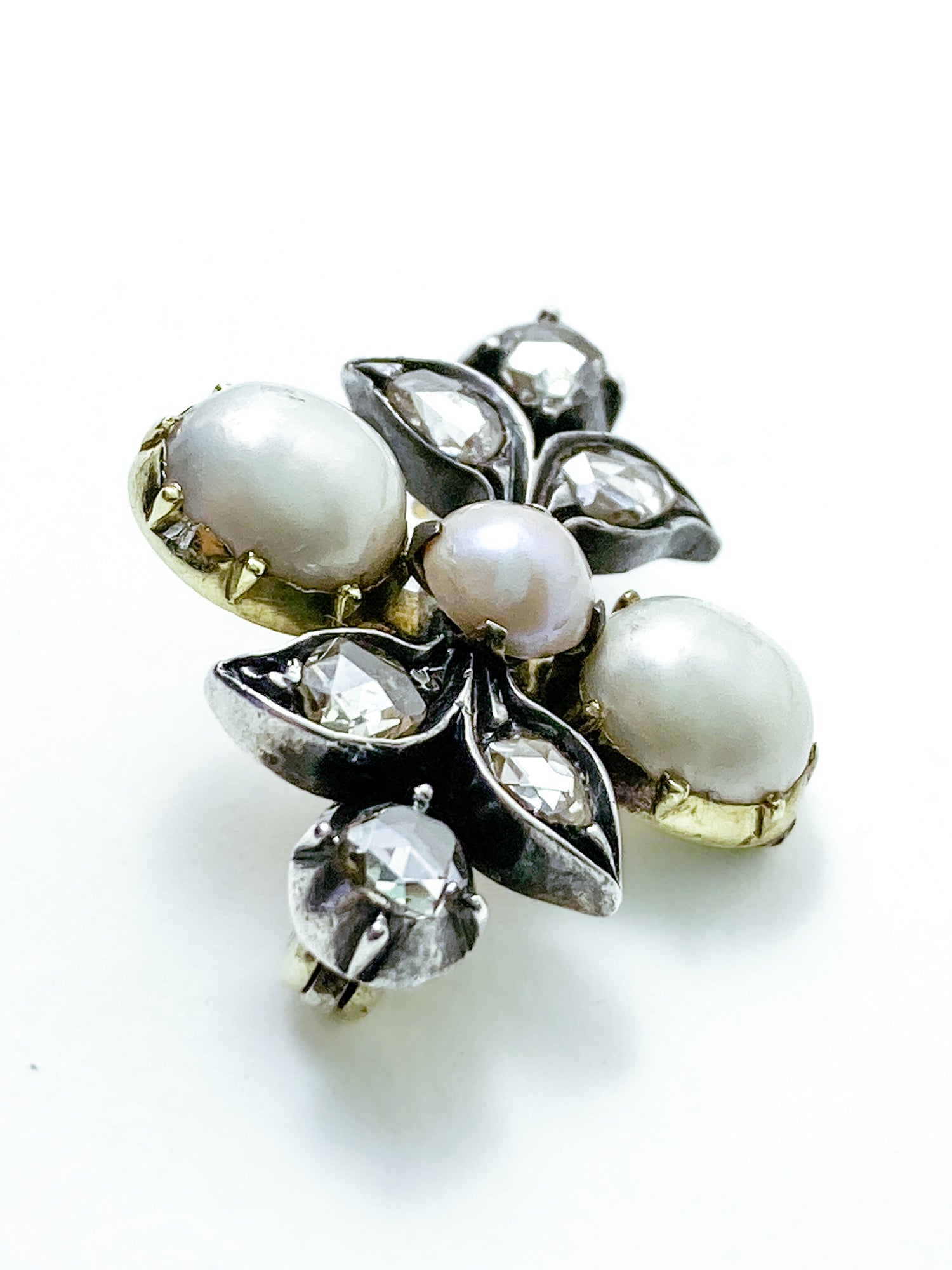 Antique Georgian 1840 Six Diamond Pink Pearl Silver Yellow Gold Brooch