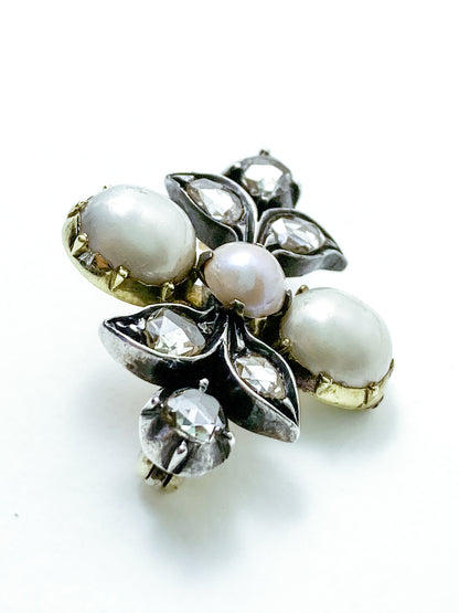 Antique Georgian 1840 Six Diamond Pink Pearl Silver Yellow Gold Brooch