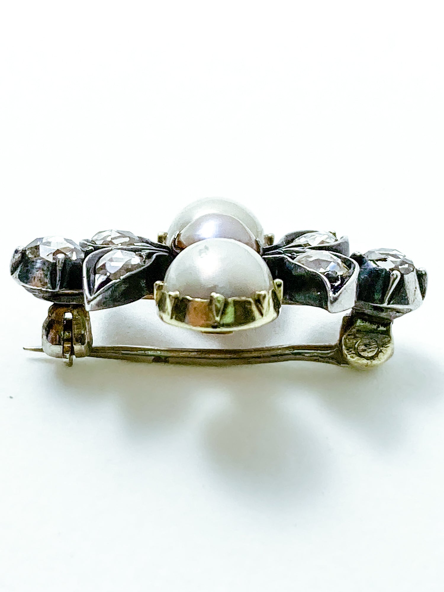 Antique Georgian 1840 Six Diamond Pink Pearl Silver Yellow Gold Brooch