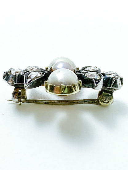 Antique Georgian 1840 Six Diamond Pink Pearl Silver Yellow Gold Brooch