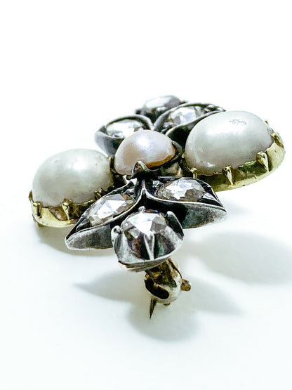 Antique Georgian 1840 Six Diamond Pink Pearl Silver Yellow Gold Brooch