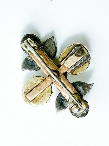 Antique Georgian 1840 Six Diamond Pink Pearl Silver Yellow Gold Brooch