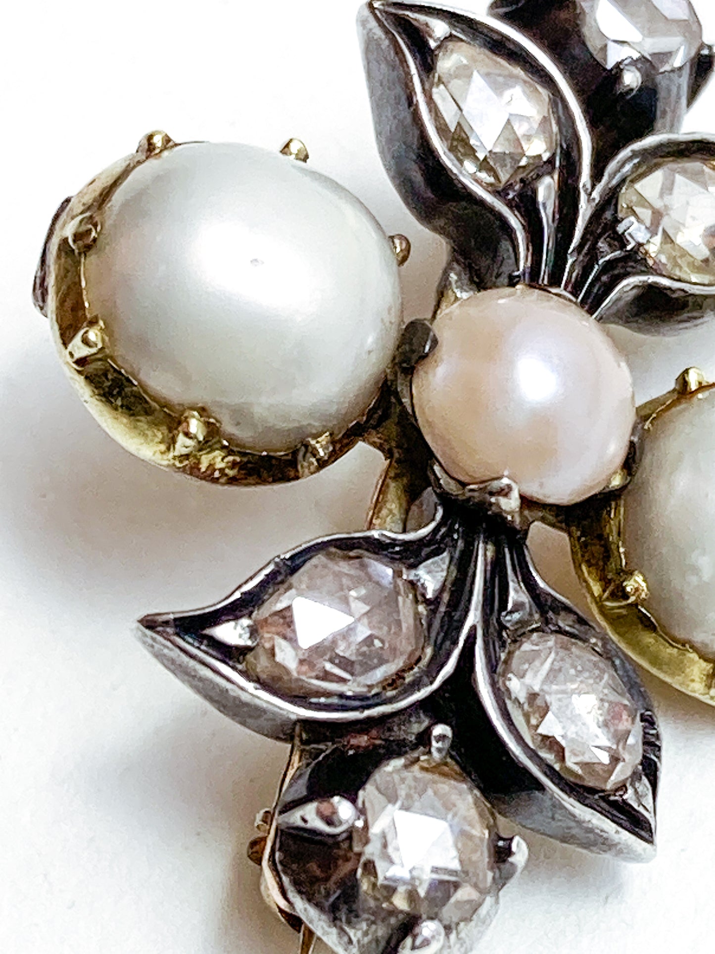 Antique Georgian 1840 Six Diamond Pink Pearl Silver Yellow Gold Brooch