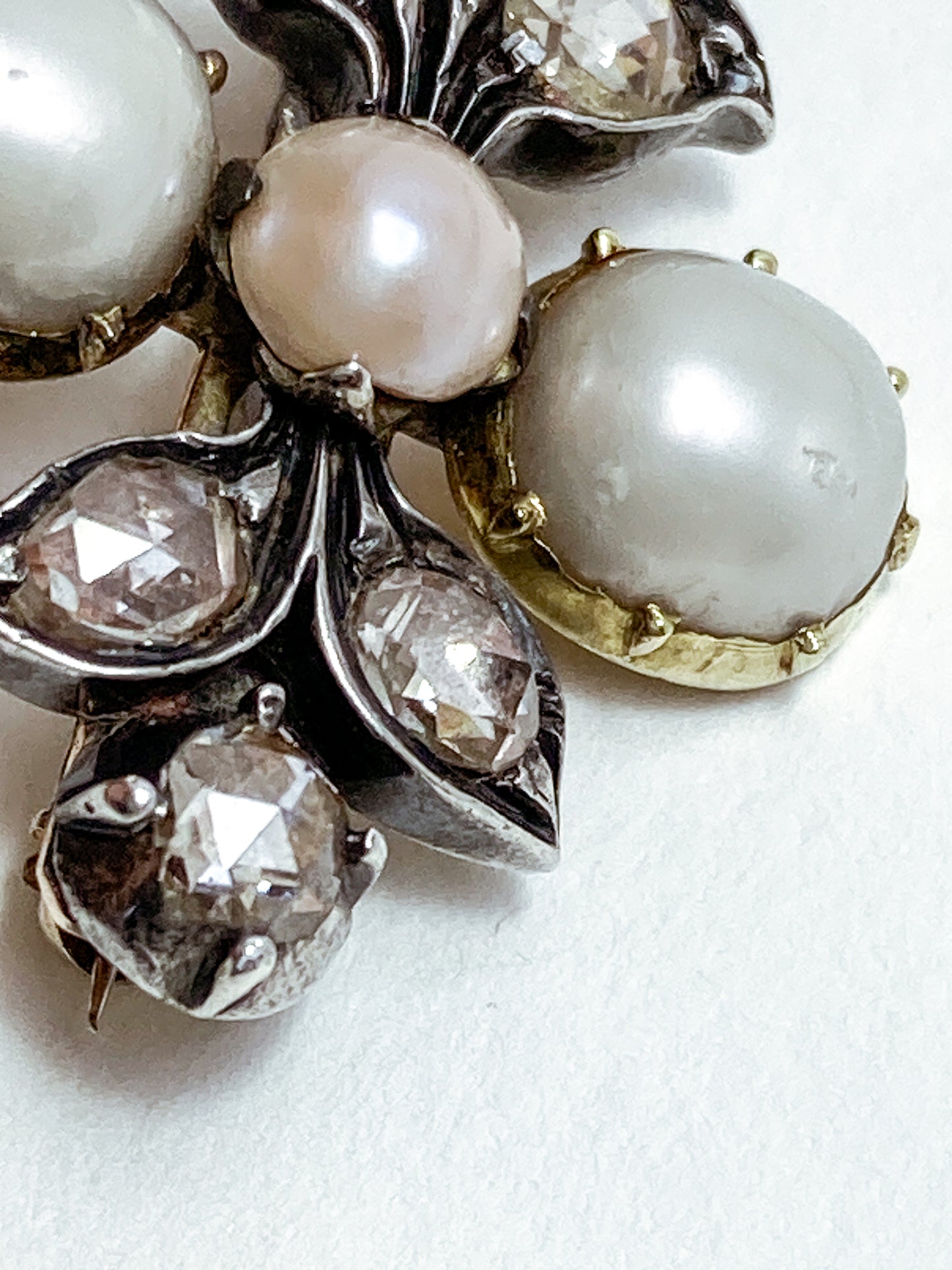 Antique Georgian 1840 Six Diamond Pink Pearl Silver Yellow Gold Brooch