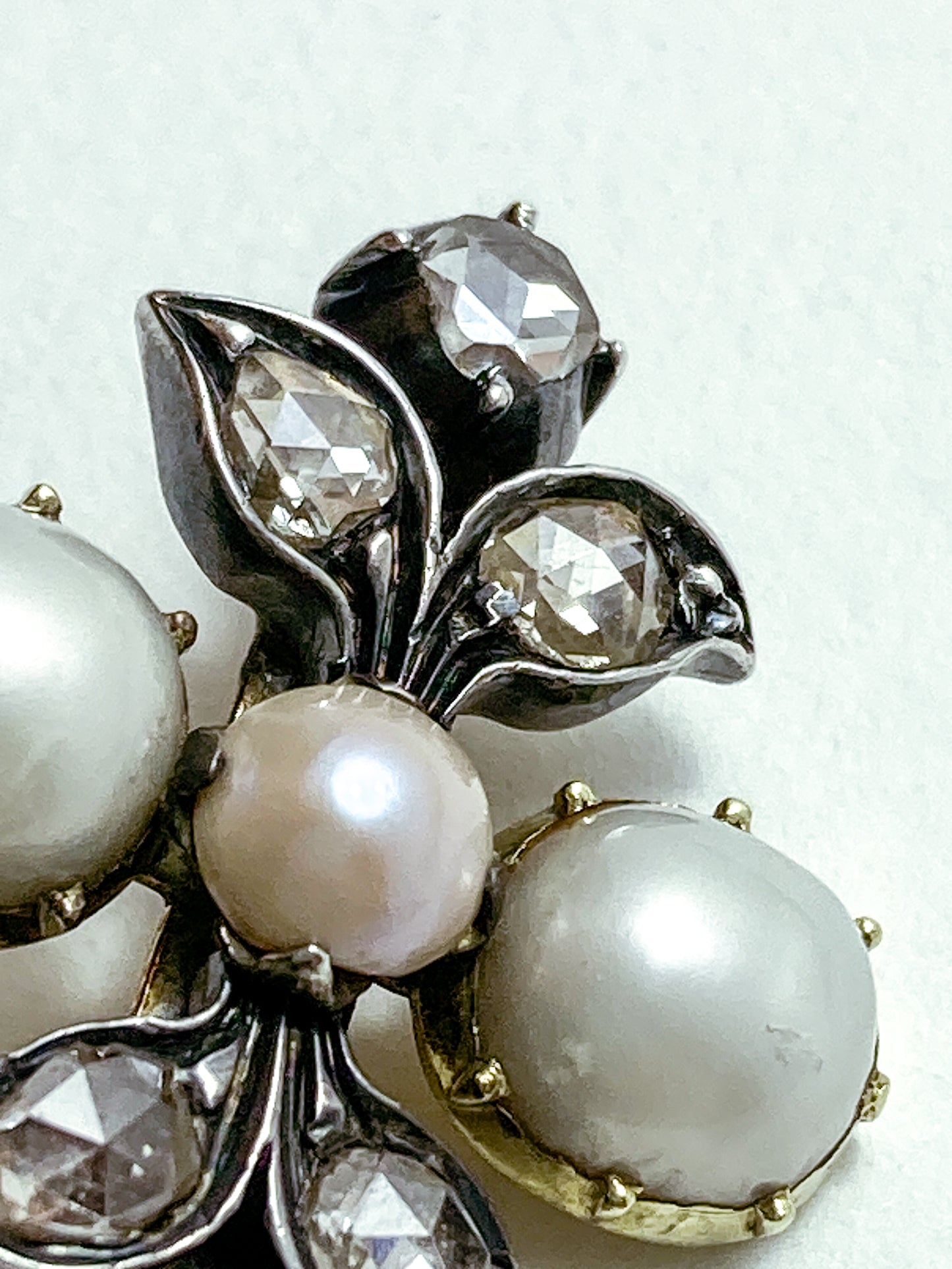 Antique Georgian 1840 Six Diamond Pink Pearl Silver Yellow Gold Brooch