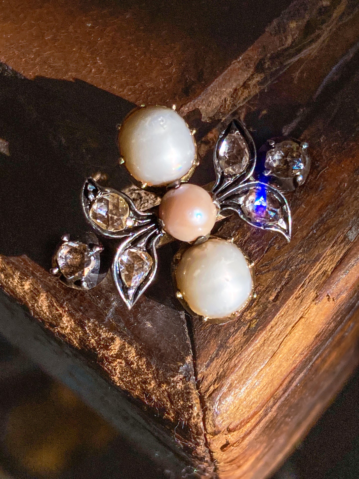 Antique Georgian 1840 Six Diamond Pink Pearl Silver Yellow Gold Brooch
