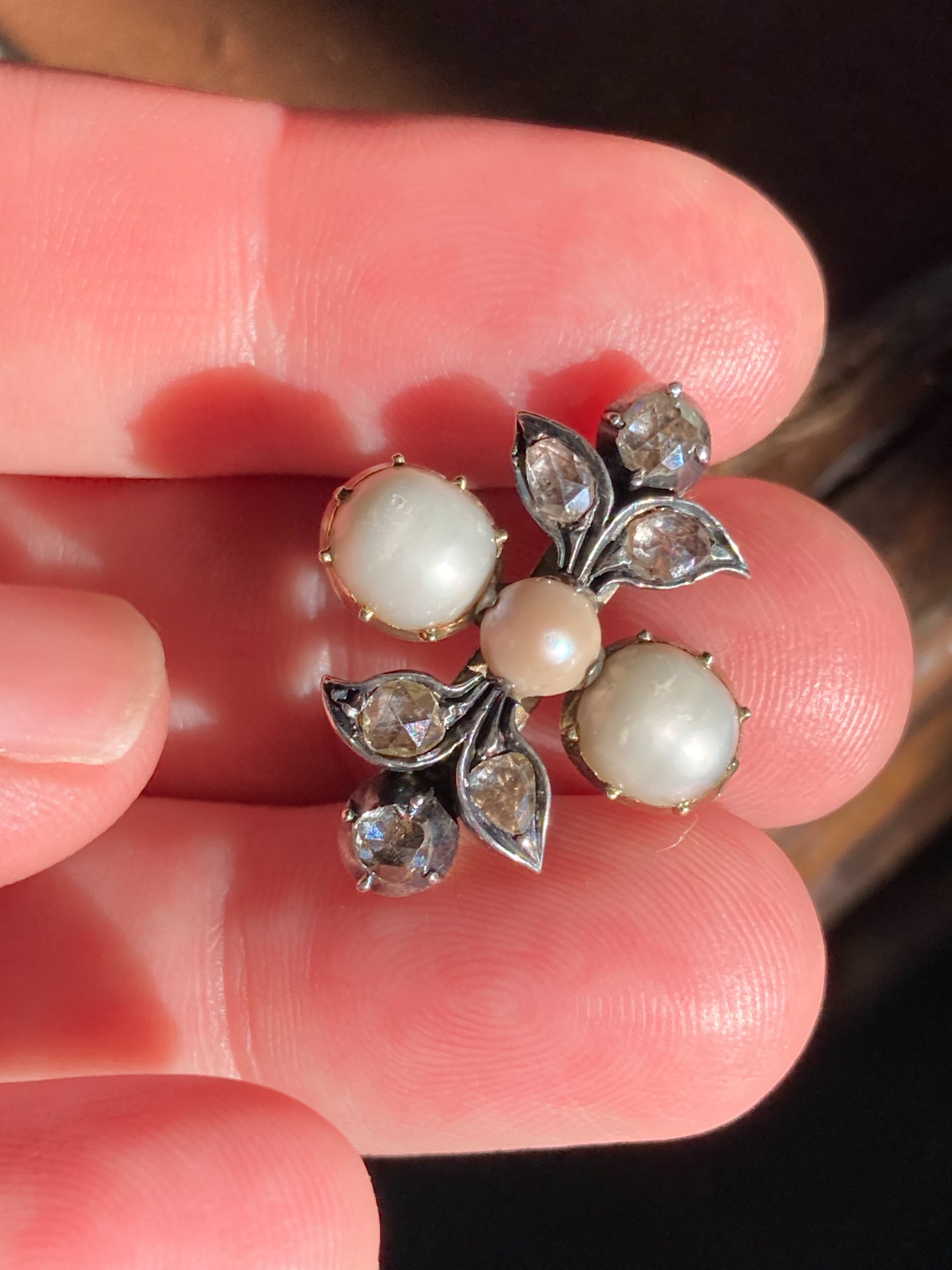 Antique Georgian 1840 Six Diamond Pink Pearl Silver Yellow Gold Brooch