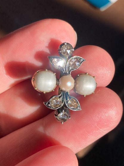 Antique Georgian 1840 Six Diamond Pink Pearl Silver Yellow Gold Brooch