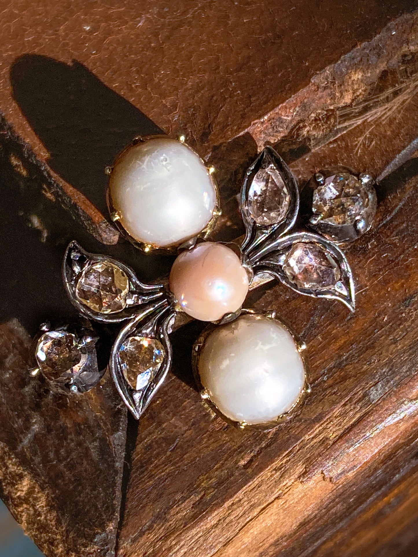Antique Georgian 1840 Six Diamond Pink Pearl Silver Yellow Gold Brooch