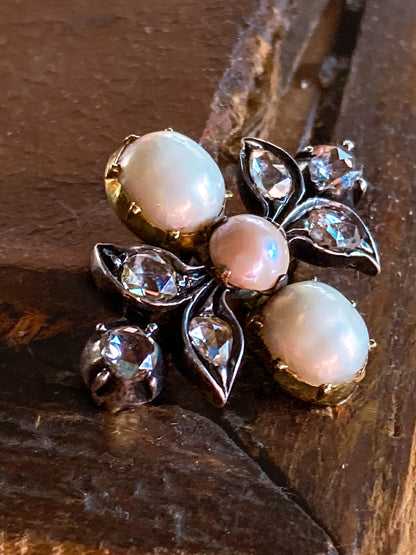 Antique Georgian 1840 Six Diamond Pink Pearl Silver Yellow Gold Brooch