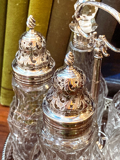 Antique Georgian Robert Makepeace English Sterling Silver Glass Cruet Set