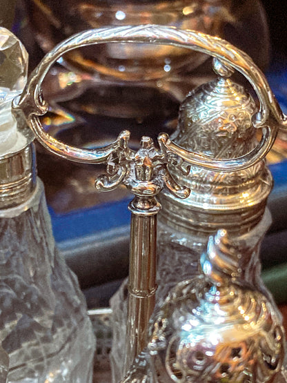 Antique Georgian Robert Makepeace English Sterling Silver Glass Cruet Set