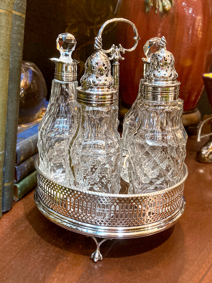 Antique Georgian Robert Makepeace English Sterling Silver Glass Cruet Set