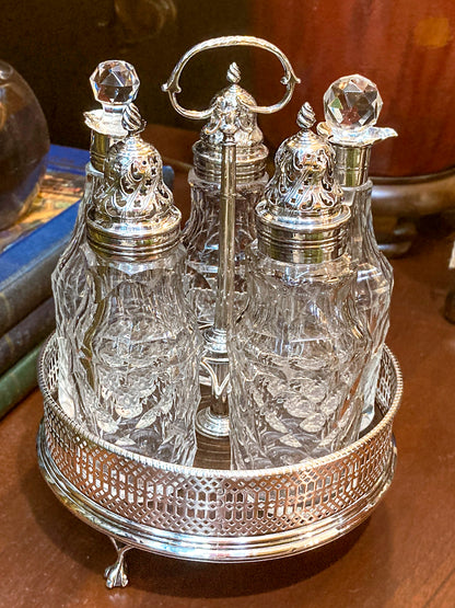 Antique Georgian Robert Makepeace English Sterling Silver Glass Cruet Set