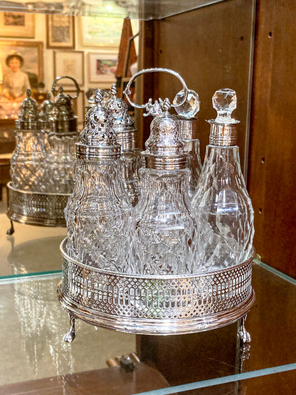 Antique Georgian Robert Makepeace English Sterling Silver Glass Cruet Set
