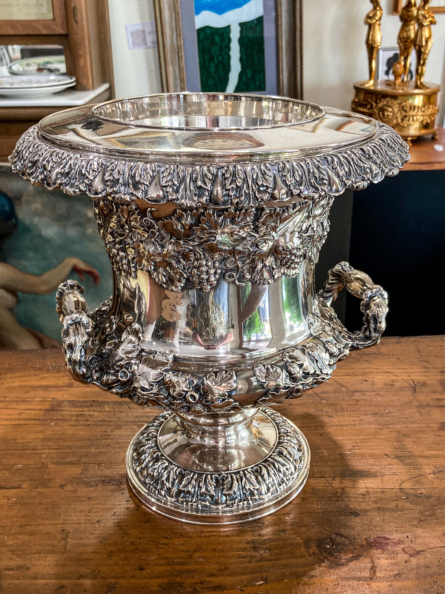 Antique Georgian Style Oak Fruit Motif Sheffield Silver Plated Champagne Bucket