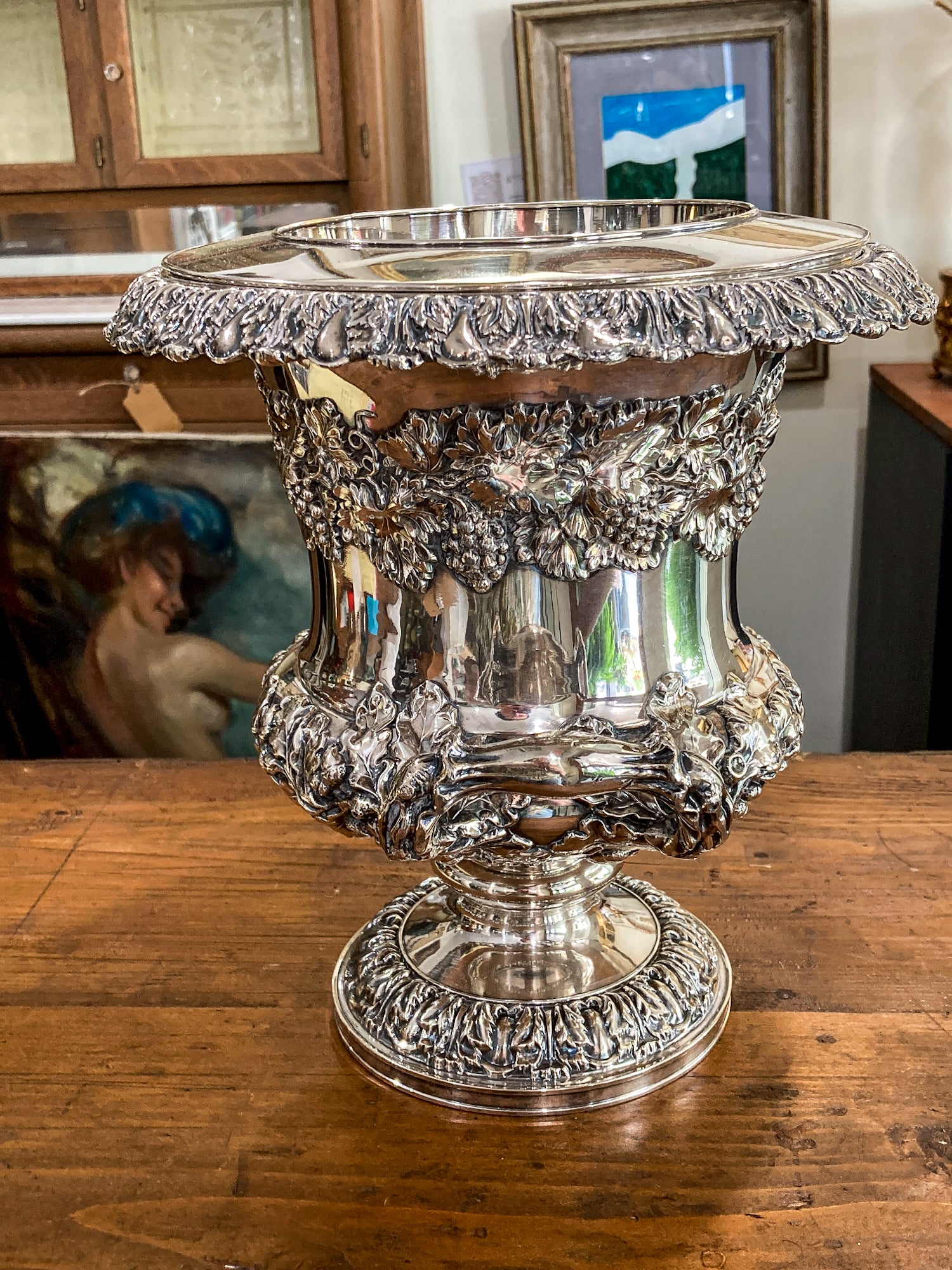 Antique Georgian Style Oak Fruit Motif Sheffield Silver Plated Champagne Bucket