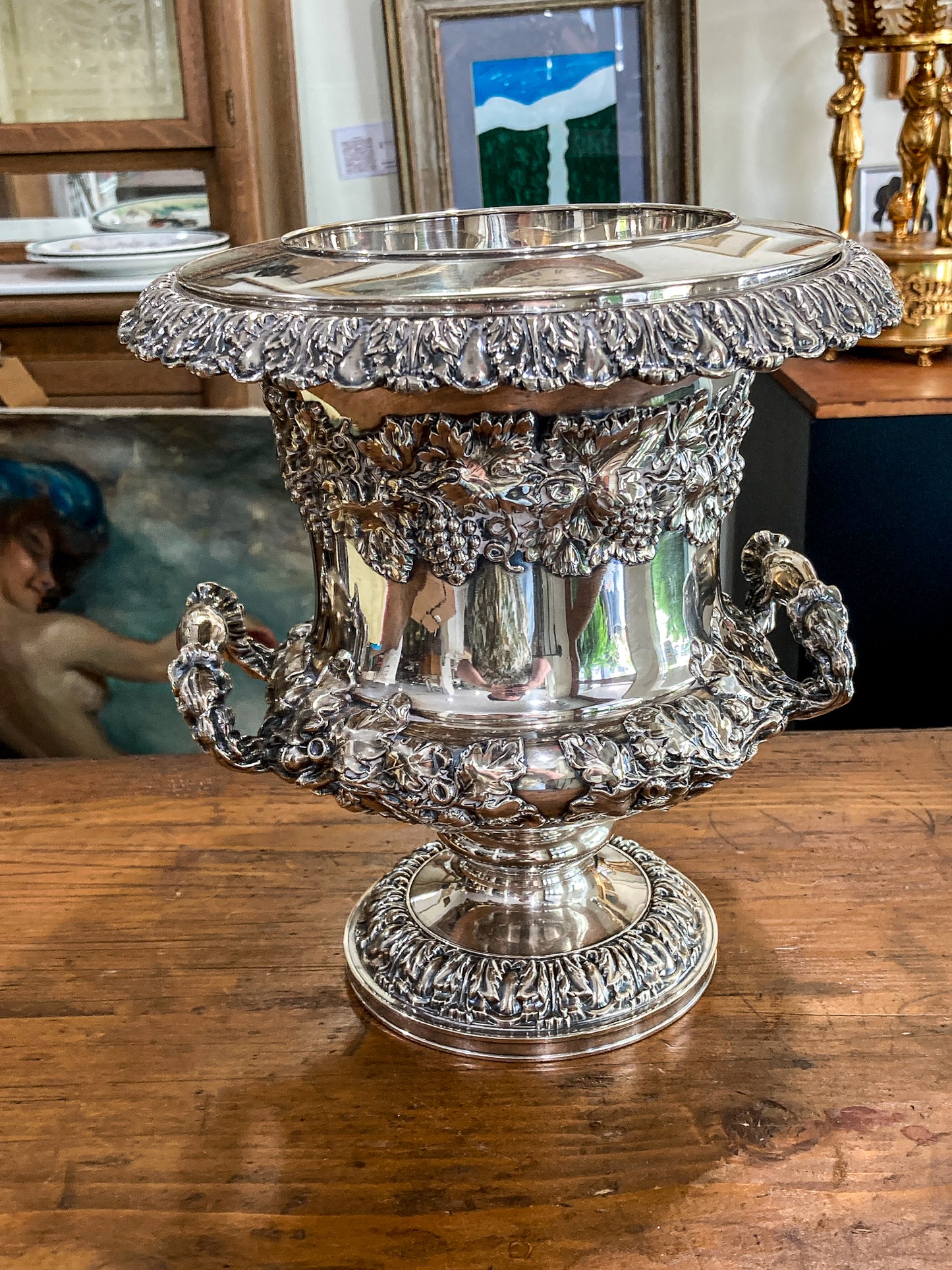 Antique Georgian Style Oak Fruit Motif Sheffield Silver Plated Champagne Bucket