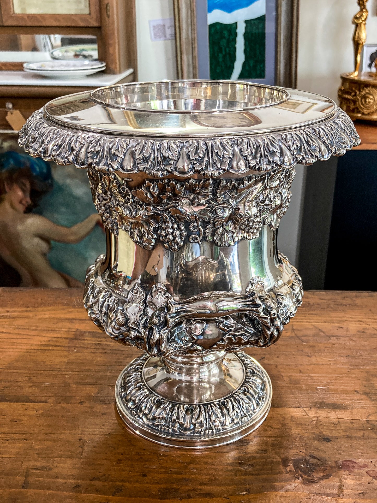 Antique Georgian Style Oak Fruit Motif Sheffield Silver Plated Champagne Bucket