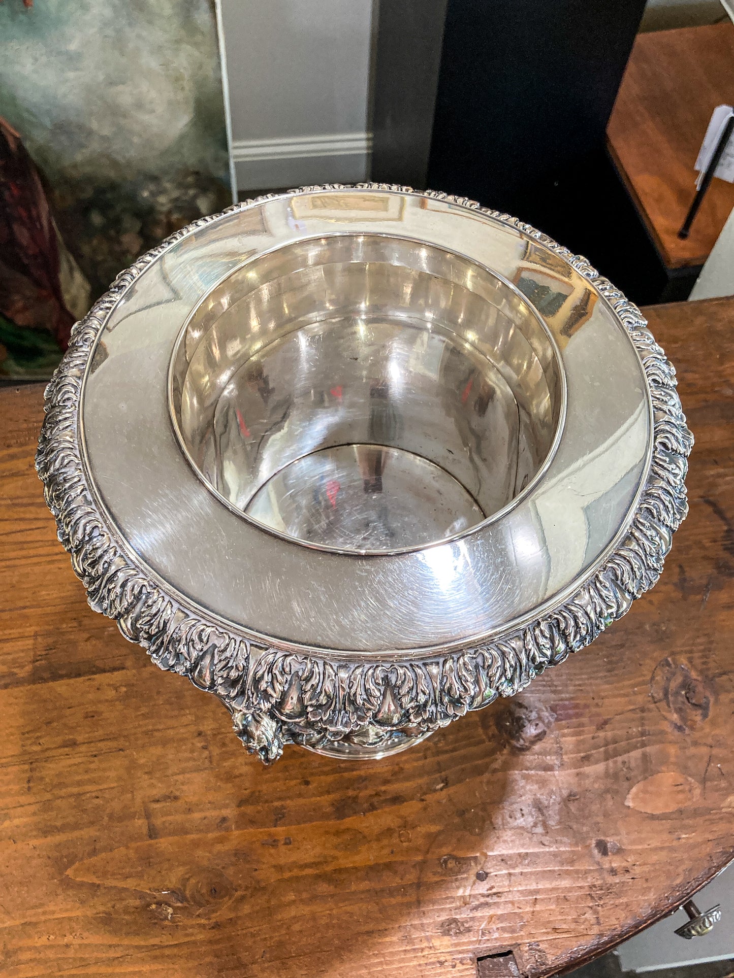 Antique Georgian Style Oak Fruit Motif Sheffield Silver Plated Champagne Bucket