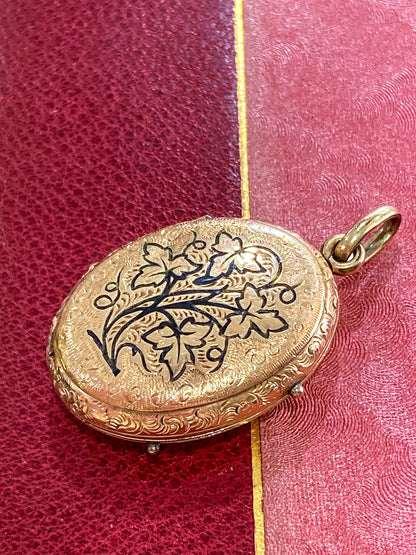 Antique Gold Filled Oval Floral Engraved Mourning Hair Locket Pendant