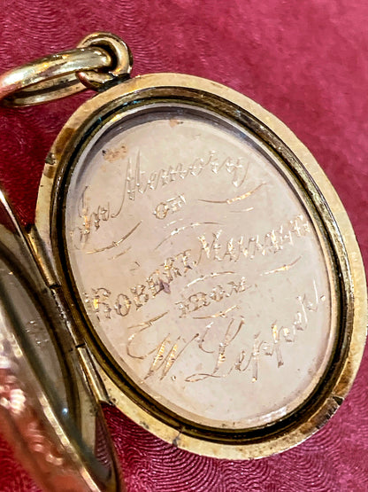 Antique Gold Filled Oval Floral Engraved Mourning Hair Locket Pendant