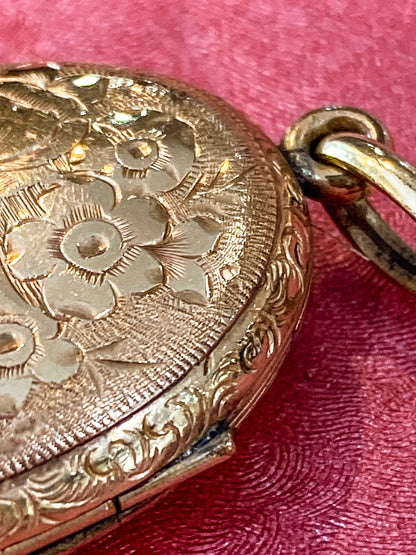 Antique Gold Filled Oval Floral Engraved Mourning Hair Locket Pendant
