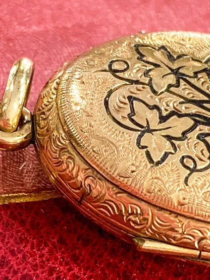 Antique Gold Filled Oval Floral Engraved Mourning Hair Locket Pendant