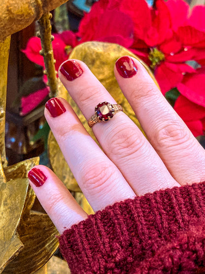 Antique Yellow Gold Filled Hand Engraved Square Cut Faux Red Ruby Petite Ring