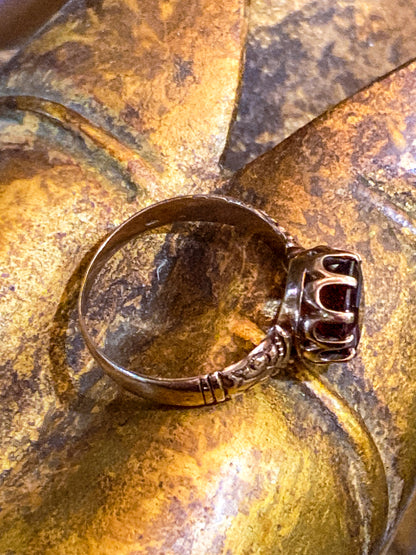 Antique Yellow Gold Filled Hand Engraved Square Cut Faux Red Ruby Petite Ring