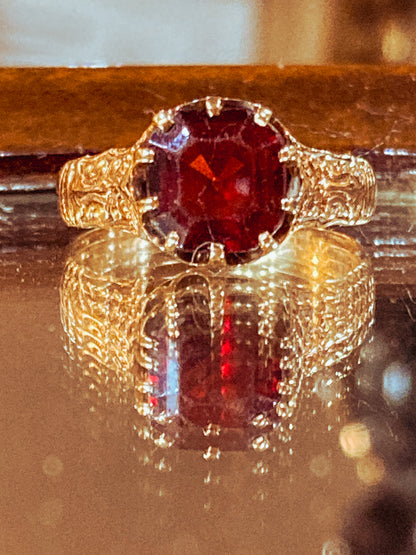 Antique Yellow Gold Filled Hand Engraved Square Cut Faux Red Ruby Petite Ring