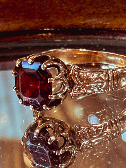 Antique Yellow Gold Filled Hand Engraved Square Cut Faux Red Ruby Petite Ring