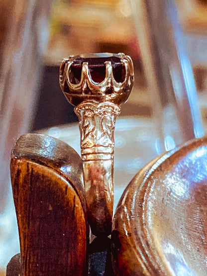 Antique Yellow Gold Filled Hand Engraved Square Cut Faux Red Ruby Petite Ring