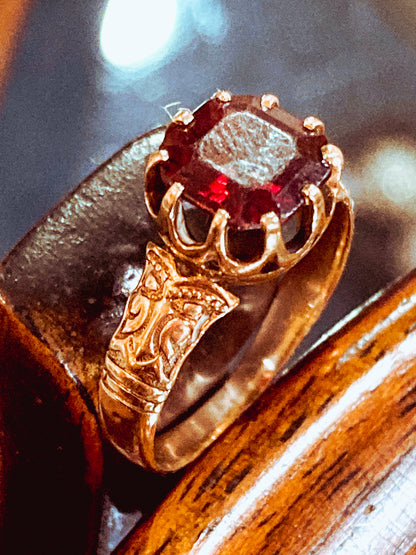 Antique Yellow Gold Filled Hand Engraved Square Cut Faux Red Ruby Petite Ring