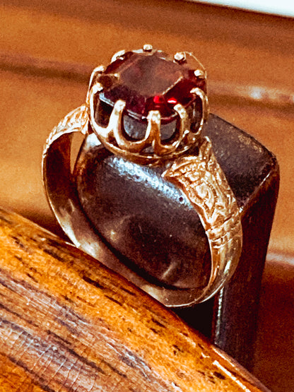 Antique Yellow Gold Filled Hand Engraved Square Cut Faux Red Ruby Petite Ring