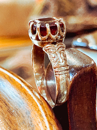 Antique Yellow Gold Filled Hand Engraved Square Cut Faux Red Ruby Petite Ring