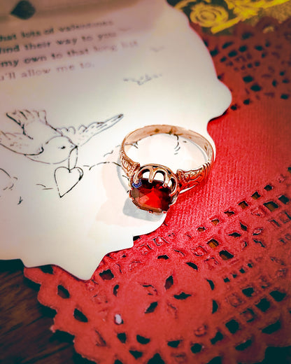 Antique Yellow Gold Filled Hand Engraved Square Cut Faux Red Ruby Petite Ring