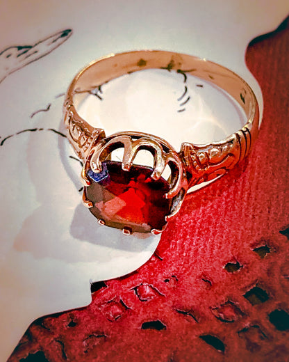 Antique Yellow Gold Filled Hand Engraved Square Cut Faux Red Ruby Petite Ring