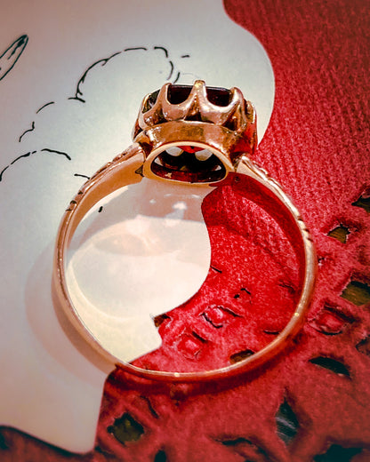 Antique Yellow Gold Filled Hand Engraved Square Cut Faux Red Ruby Petite Ring