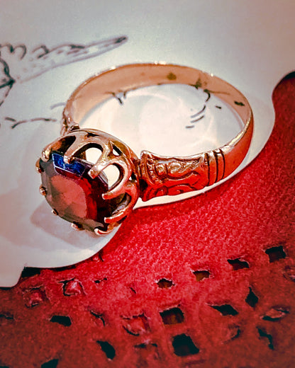 Antique Yellow Gold Filled Hand Engraved Square Cut Faux Red Ruby Petite Ring