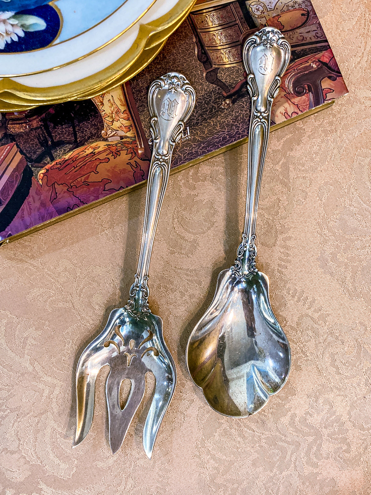Antique Gorham Chantilly Sterling Silver Spoon Fork Salad Serving Set