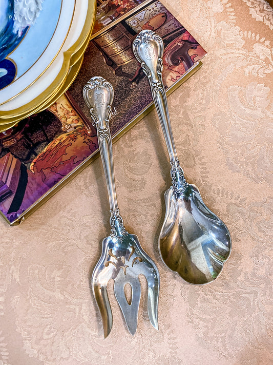 Antique Gorham Chantilly Sterling Silver Spoon Fork Salad Serving Set