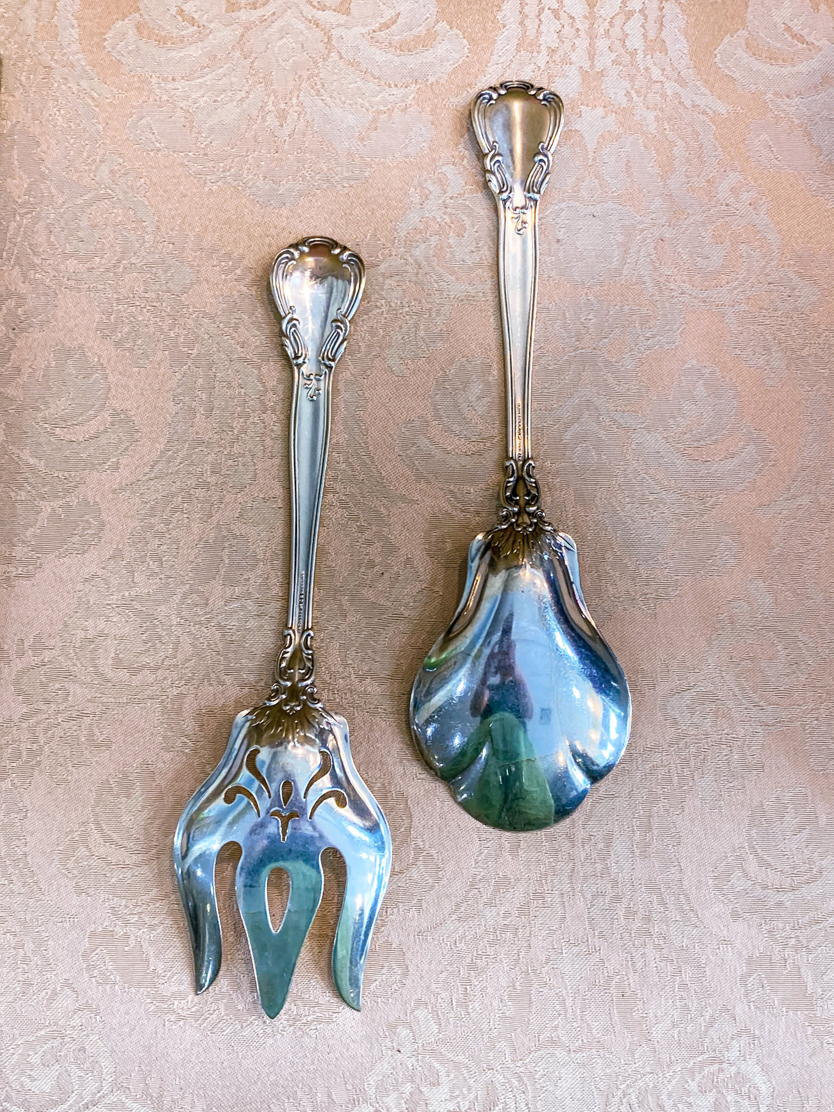 Antique Gorham Chantilly Sterling Silver Spoon Fork Salad Serving Set